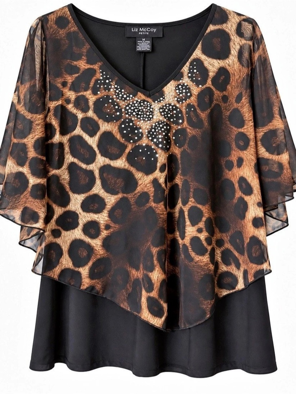 Liz McCoy Petite PXL Leopard Print Rhinestone Layered Tunic Top Black Brown